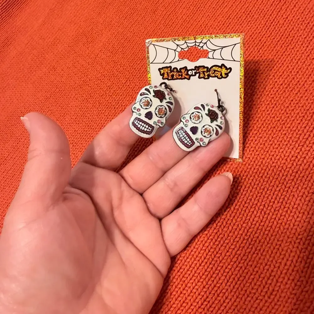 Trick or Treat Sugar Skull Rhinestone Dangle Earrings NWT